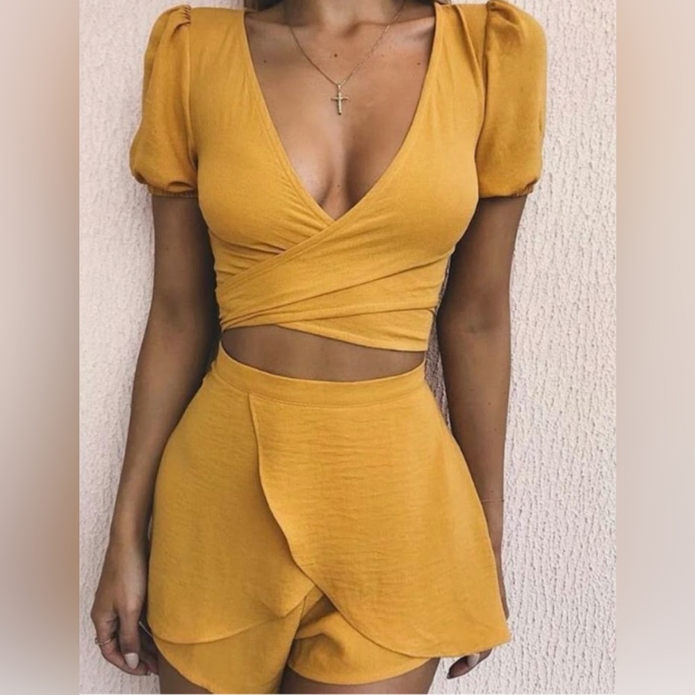 Tiger Mist Marigold Yellow Crinkle Fabric Wrap Crop & Skort Set